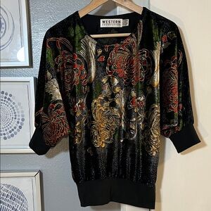 Vintage Western Women's Floral Velvet Blouse - Black and Red Size S